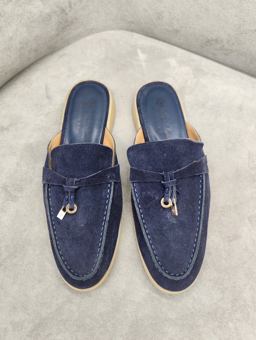 Loro Piana Loafers Women's 7.5 Deep Navy Blue Suede Mules Babouche Walk Charms